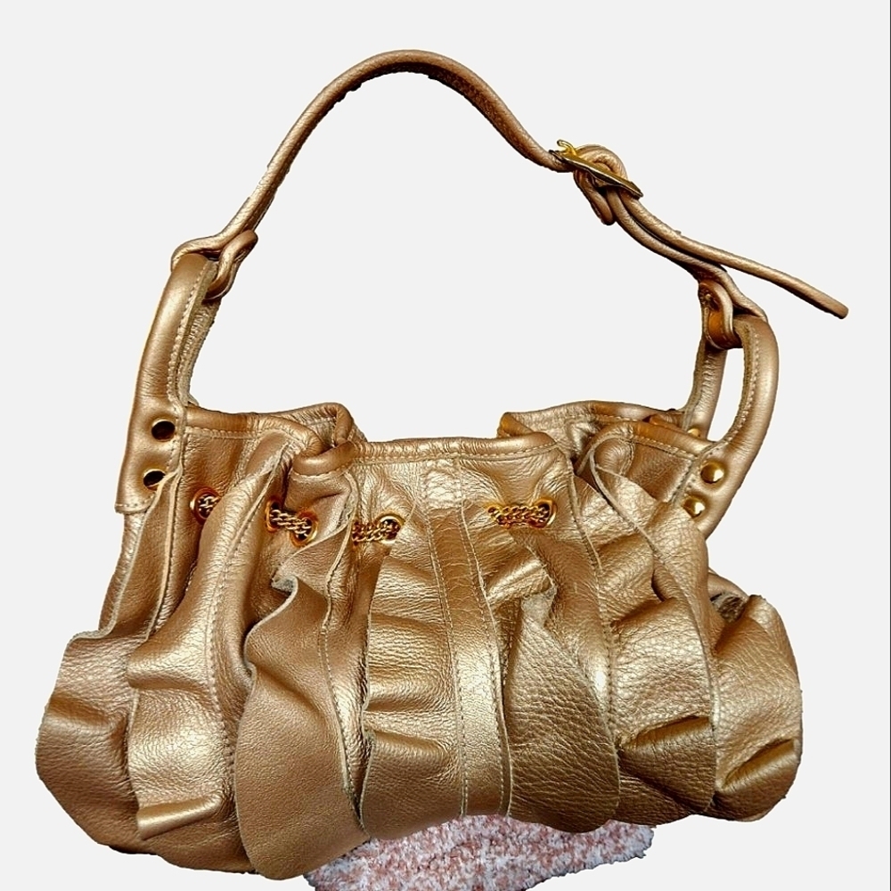 Be&D Ruffled Leather Hobo Satchel Gold Tone Brown Classic Vintage Luxury